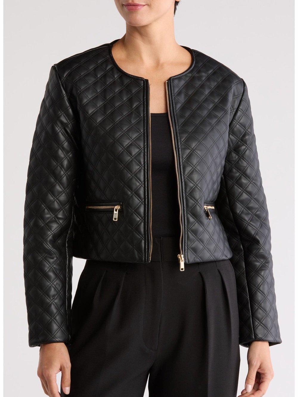 Jason Wu Quilted Cropped Faux Leather Jacket Black Size Medium Minimalist